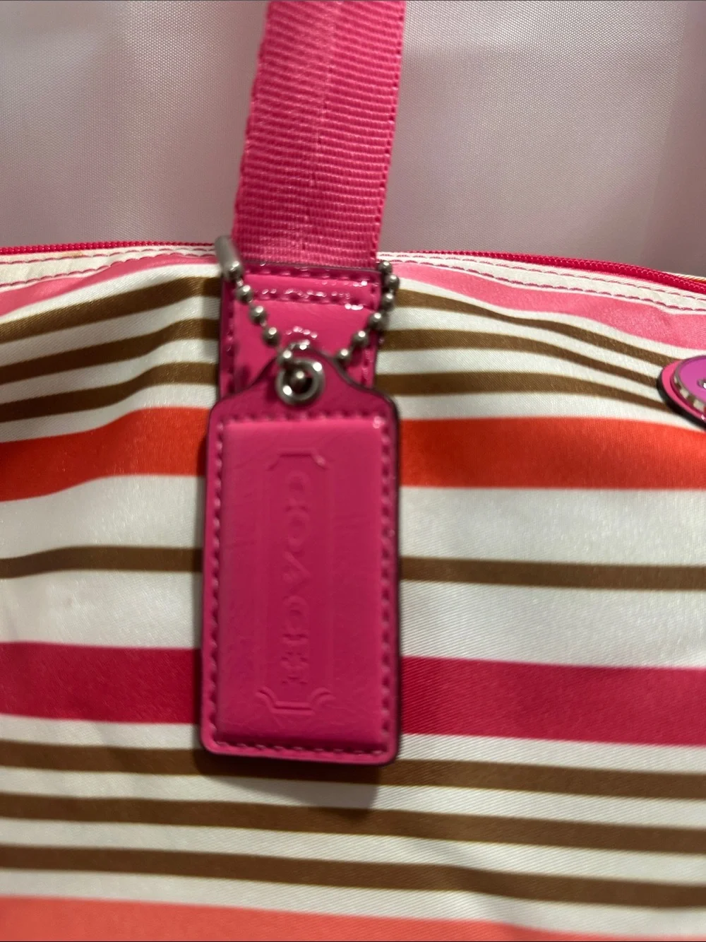 Coach Striped Pink Multi-Color Tote Bag with Pink Handles - Picture 2 of 8